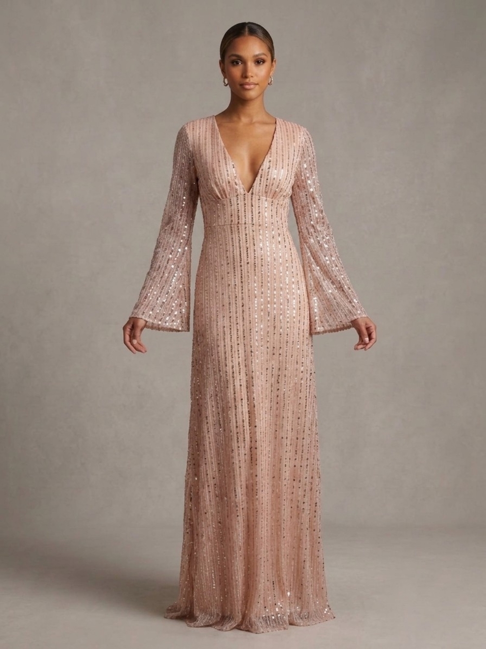 Women's Blush Pink Embellished V-Neck Long Sleeve Airy Evening Gown Medium